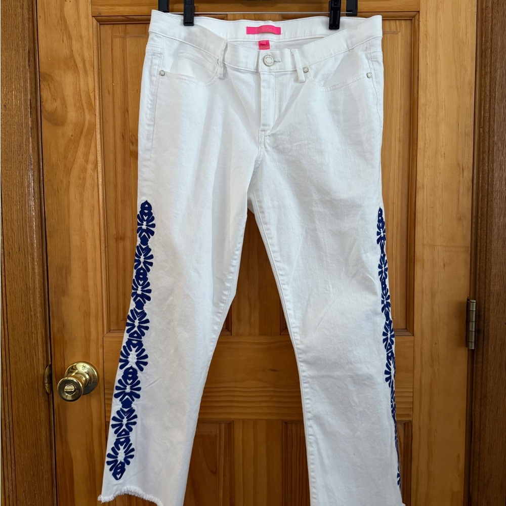 Lilly Pulitzer White Ankle Jeans with Blue Side Embroidery